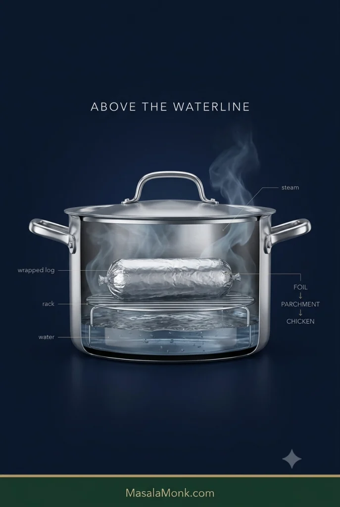 Cutaway of a covered pot showing water below a rack and a fully foil-wrapped chicken salami log steaming above the waterline.