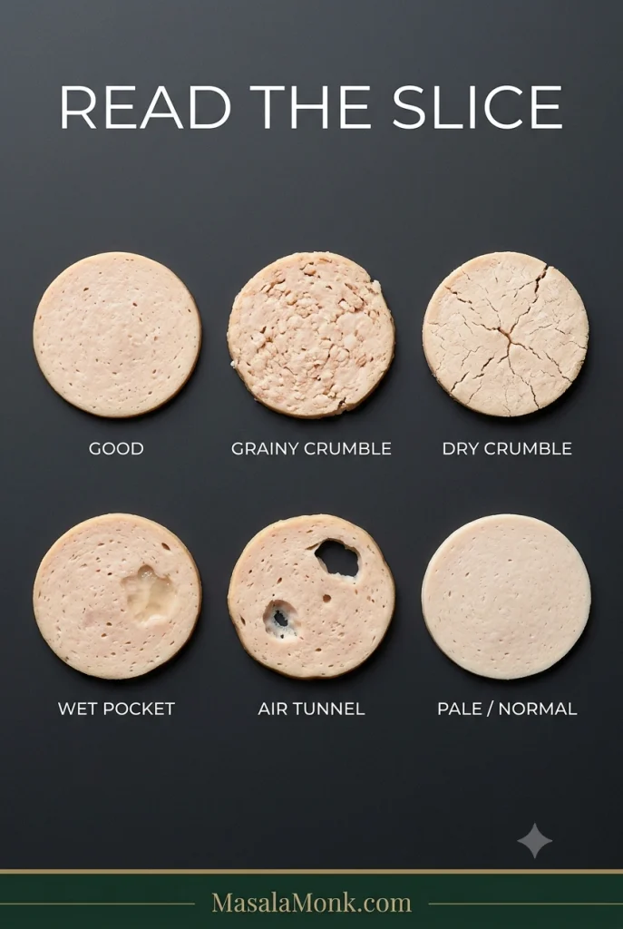 Six chicken salami cross-sections labeled good, grainy crumble, dry crumble, wet pocket, air tunnel and pale normal, showing different finished textures for troubleshooting.