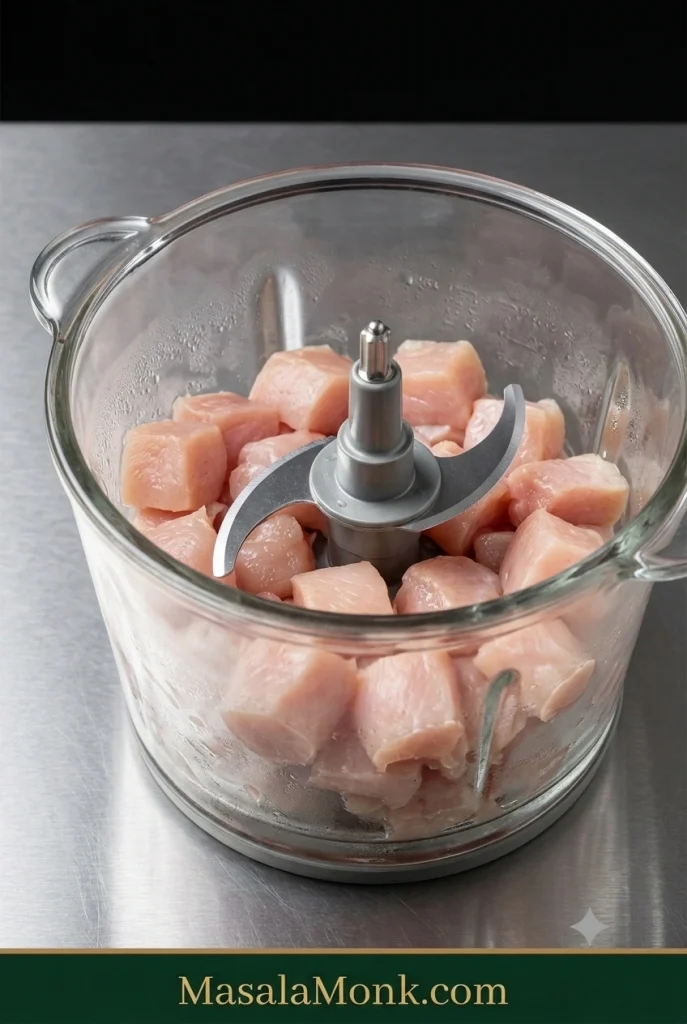 Cold 1-inch pieces of raw chicken breast and thigh in a clear food processor bowl with a steel blade on a stainless steel counter.