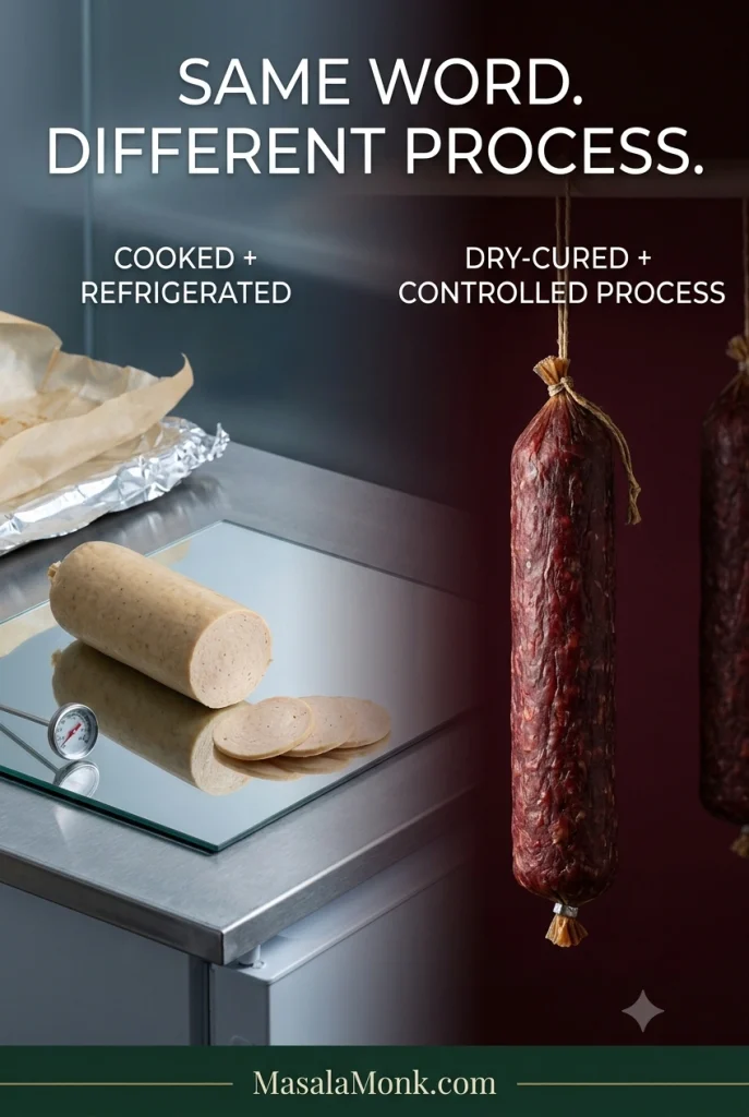 Comparison of pale casing-free cooked chicken salami with foil and thermometer cues beside dark red traditional dry-cured salami hanging in casings.