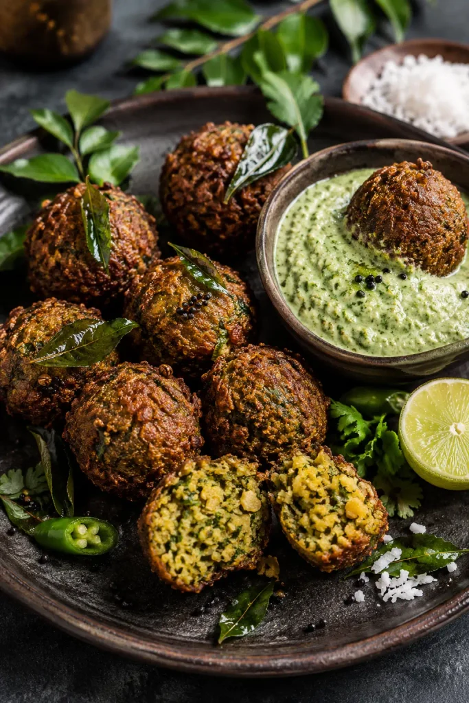 Curry leaf falafel with crisp curry leaves, mustard seeds and coconut-coriander chutney