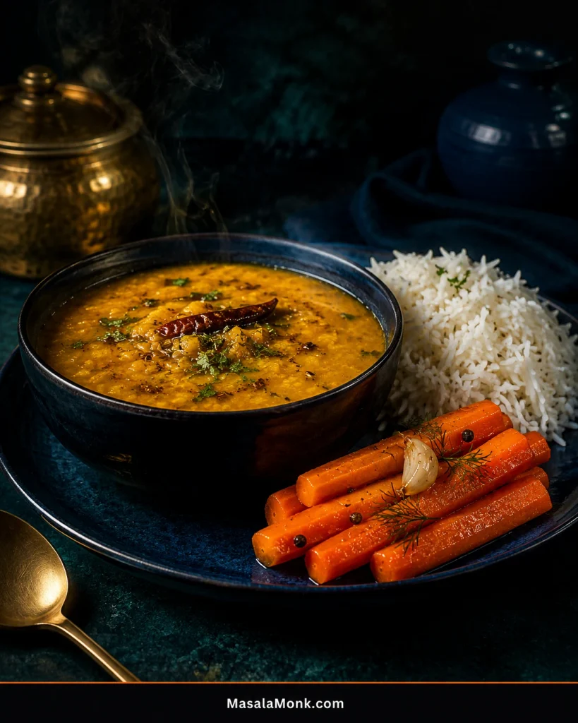 Bowl of dal tadka and basmati rice served with cold fermented carrot sticks.