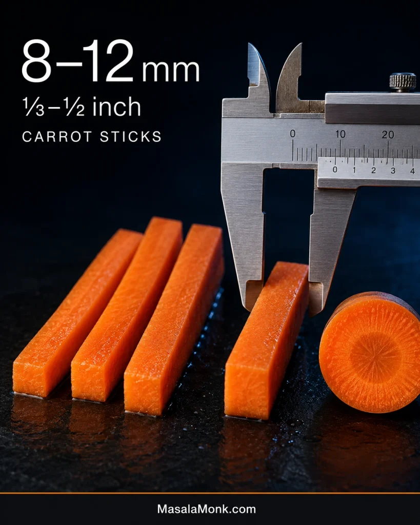Carrot sticks measured with a ruler and caliper at 8–12 mm (⅓–½ inch) thickness.