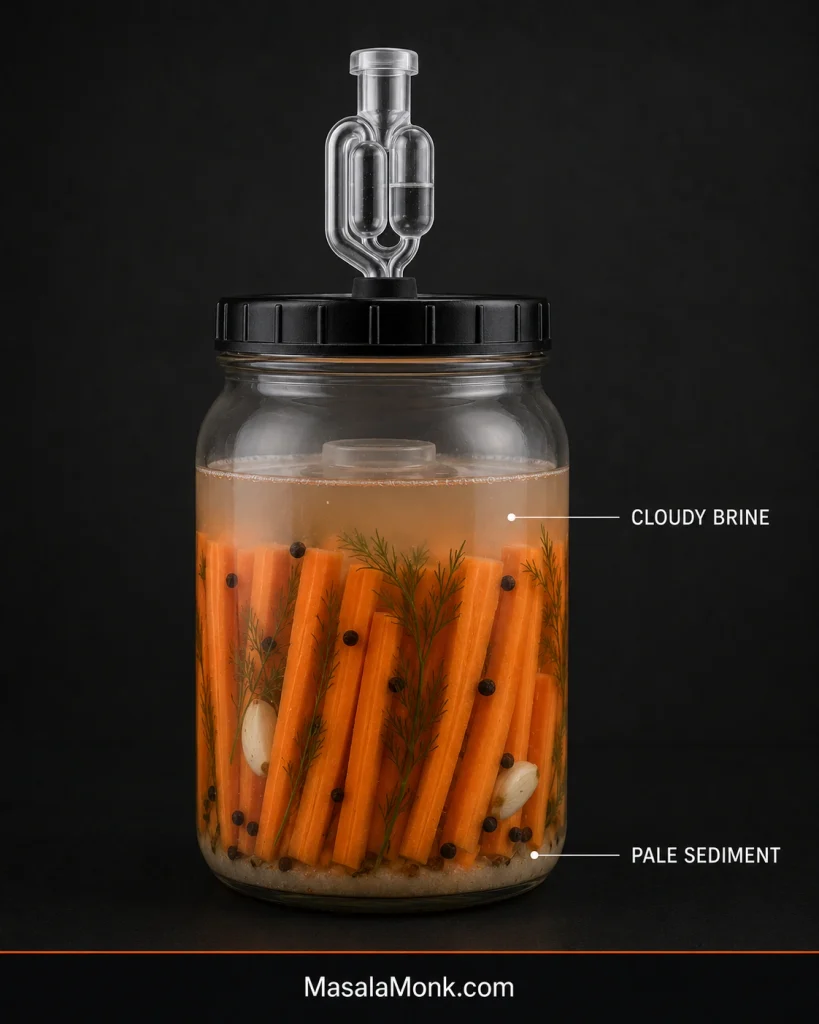 Jar of fermented carrots with cloudy brine and a pale sediment layer settled at the bottom.