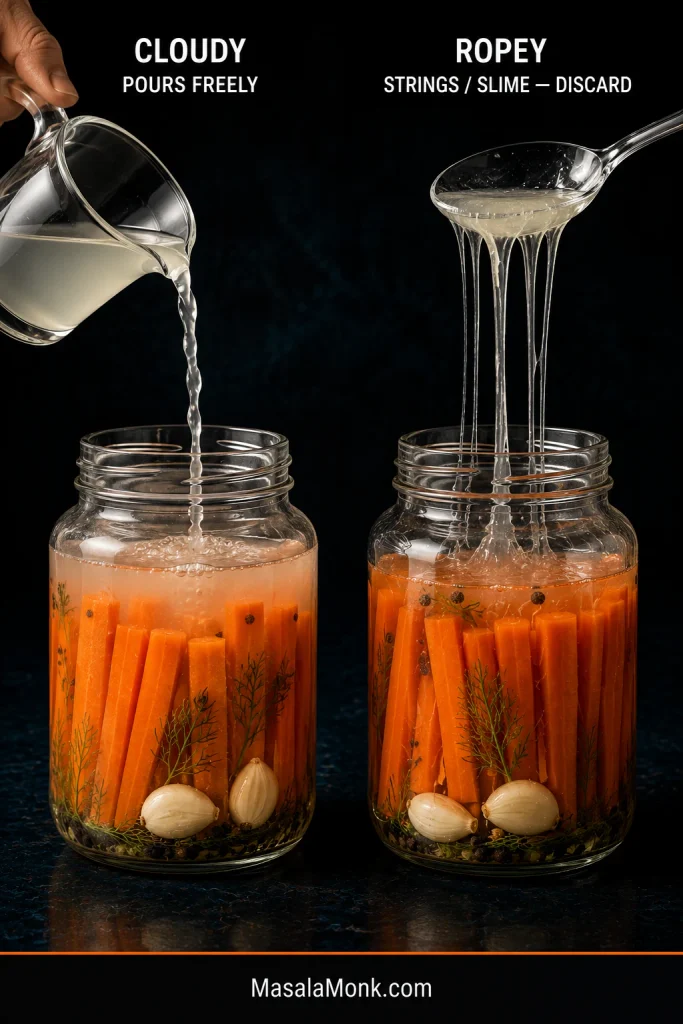 Comparison of cloudy fermented carrot brine that pours freely and ropey brine that stretches into stringy slime.