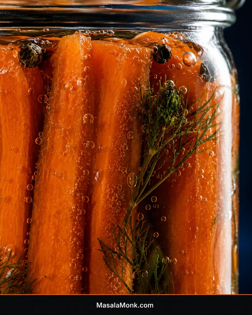 Macro view of tiny fermentation bubbles clinging to carrot sticks and glass inside a brine-filled jar.