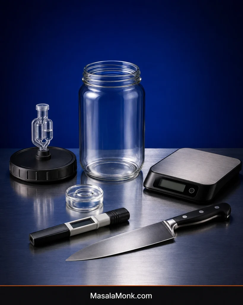Fermentation equipment for carrots: glass jar, kitchen scale, fermentation weight, airlock, pH meter and knife.