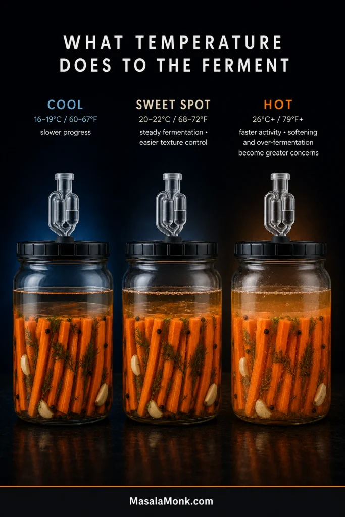 Fermented carrot jars shown at cool, ideal and warm temperature ranges, with 20–22°C (68–72°F) marked as the sweet spot.