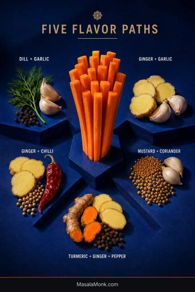 Five fermented carrot flavor combinations arranged around carrot sticks: dill-garlic, ginger-garlic, ginger-chilli, mustard-coriander, and turmeric-ginger-pepper.