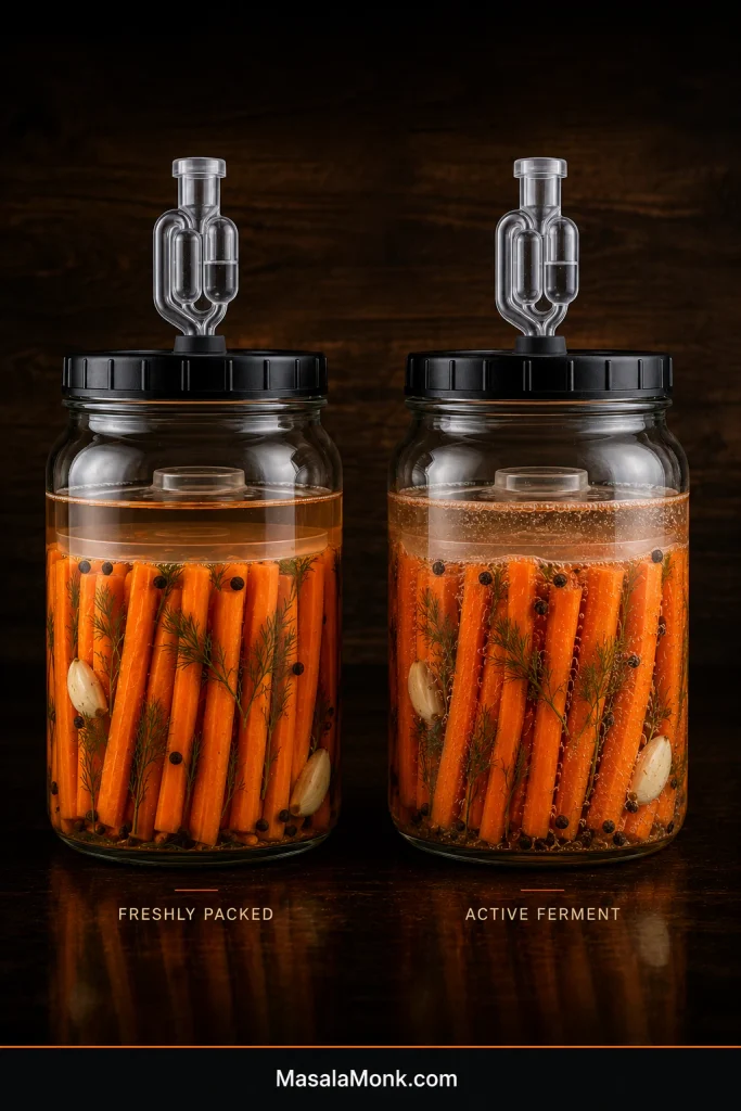 Side-by-side jars of freshly packed fermented carrots with clear brine and an active ferment with bubbles and cloudier brine.