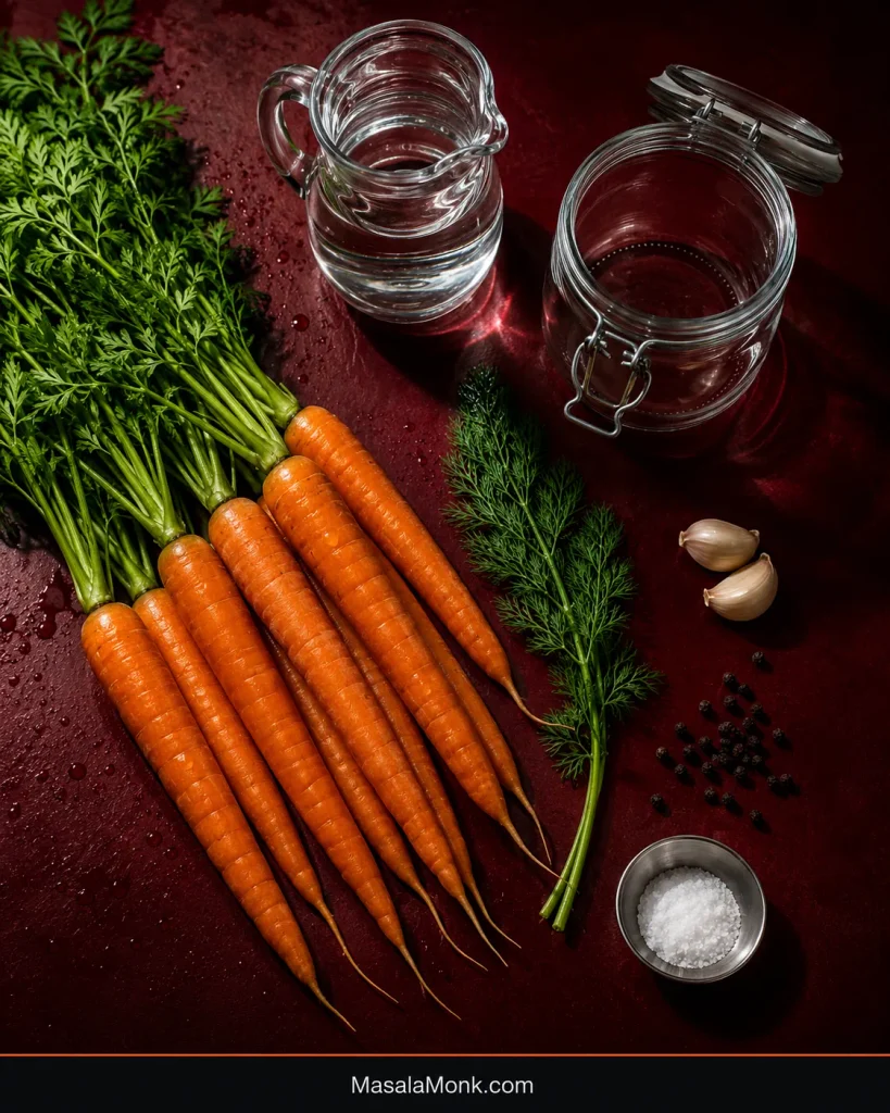 Ingredients for one jar of dill-garlic fermented carrots: carrots, water, salt, two garlic cloves, dill and black peppercorns.