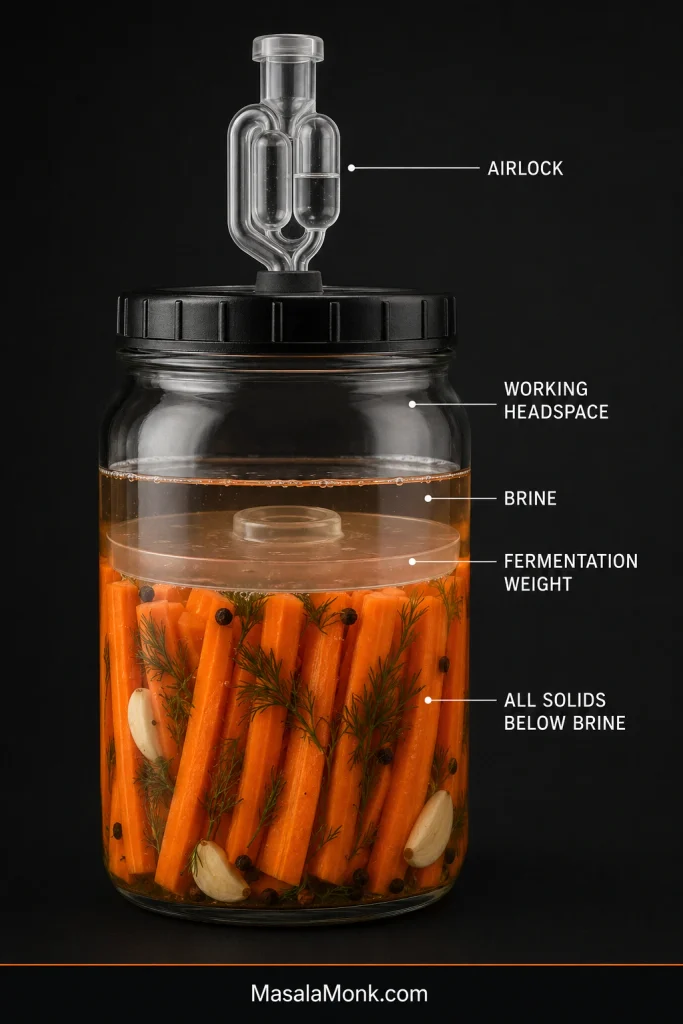 Labeled fermented carrot jar showing the airlock, working headspace, fermentation weight, brine and all solids below the brine.