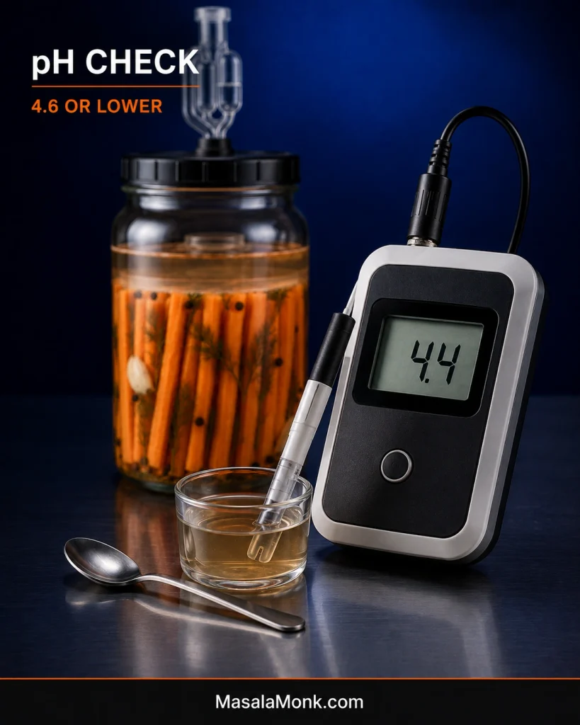 Food pH meter reading 4.4 in a separate sample of fermented carrot brine, with 4.6 or lower marked as the checkpoint.