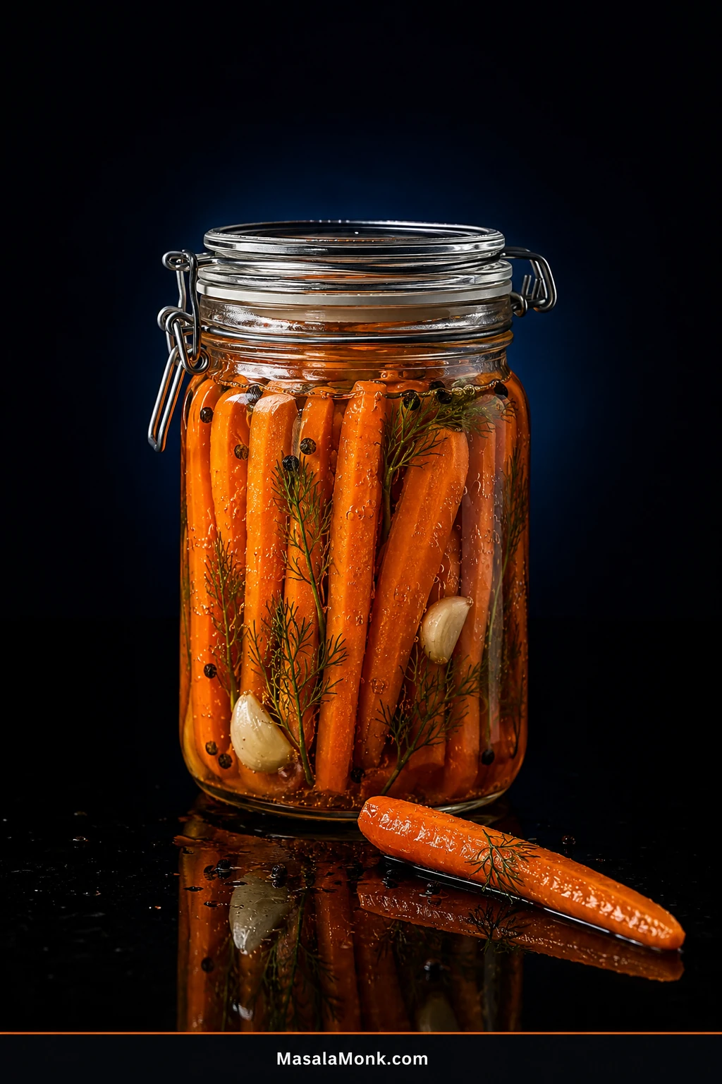 Jar of dill-garlic fermented carrots in brine with carrot sticks, fresh dill, garlic cloves and black peppercorns.