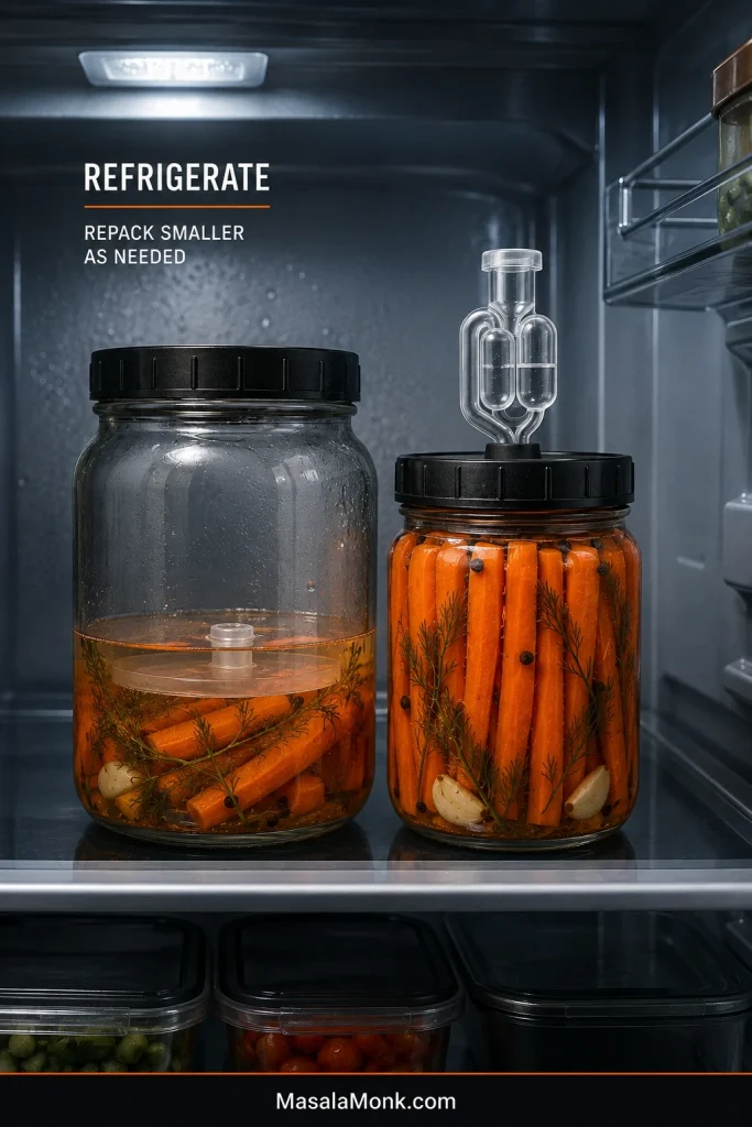 Fermented carrots stored in a refrigerator in a larger partly eaten jar and a smaller jar with the remaining carrots submerged.