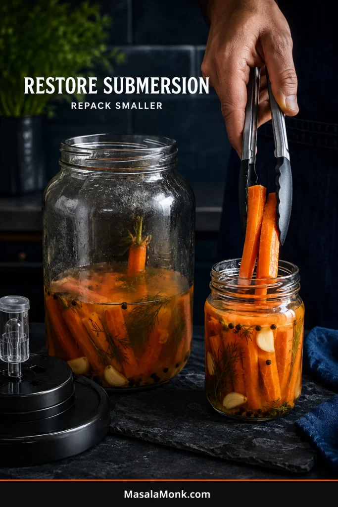 Fermented carrots being repacked from a larger low-brine jar into a smaller jar so the same brine covers the food.