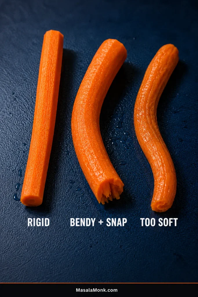 Three carrot texture stages shown together: rigid, bendy but still snapping, and too soft.