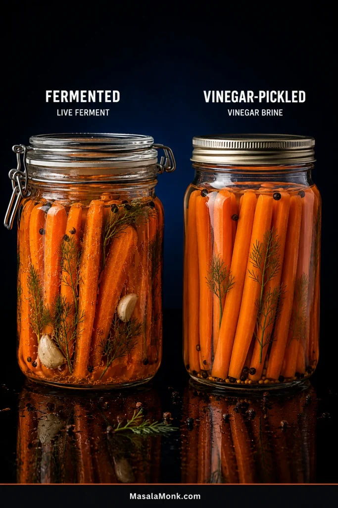 Two jars comparing fermented carrots with slightly cloudy brine and vinegar-pickled carrots with clear vinegar brine.