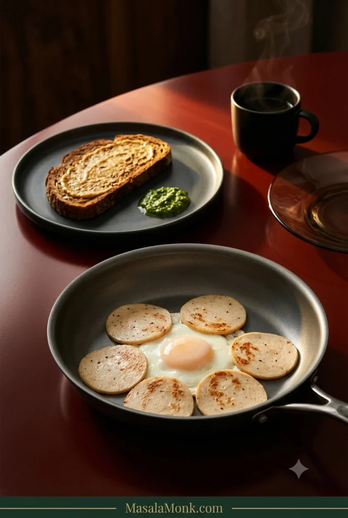 Thin homemade chicken salami slices lightly browned in a pan with a fried egg, toast, mustard and green chutney on a dark oxblood breakfast set.