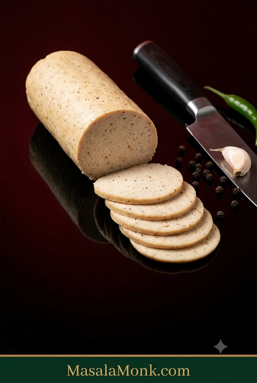 Sliced homemade chicken salami log on a dark oxblood set with a chef’s knife, showing a pale, fine-textured interior flecked with black pepper and paprika.