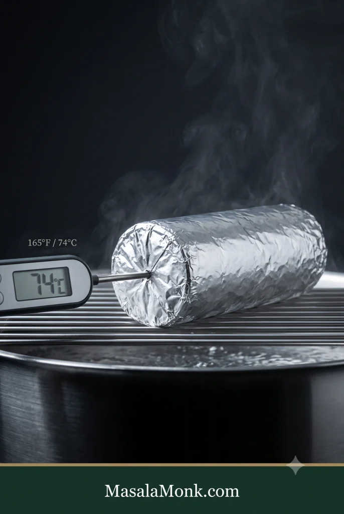 Foil-wrapped chicken salami steaming above water on a rack, with a connected digital thermometer probe entering through the centre of one wrapped end and reading 74°C.