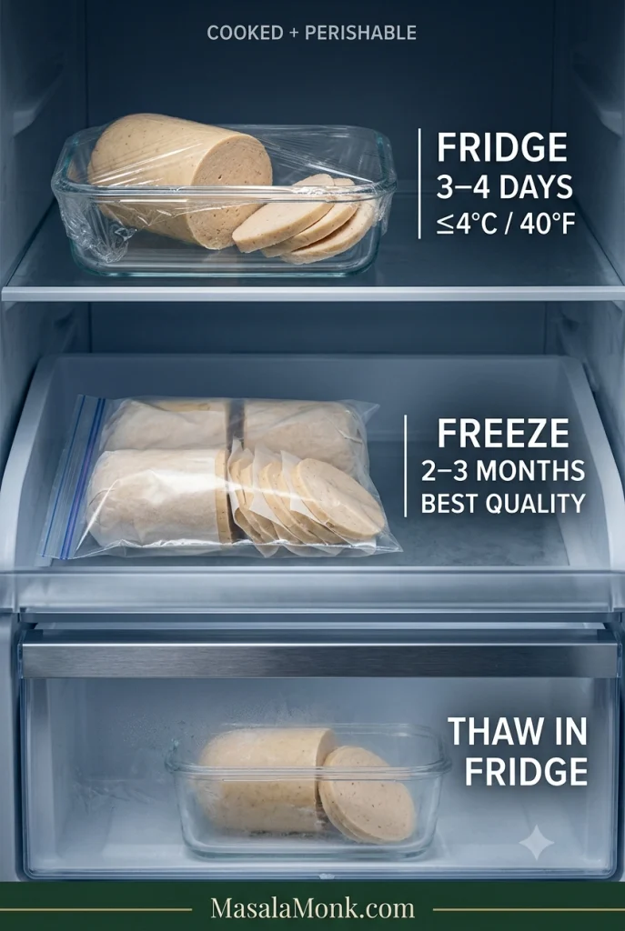 Chicken salami storage timeline showing pale cooked salami refrigerated for 3 to 4 days, frozen for 2 to 3 months for best quality, and thawed in the refrigerator.