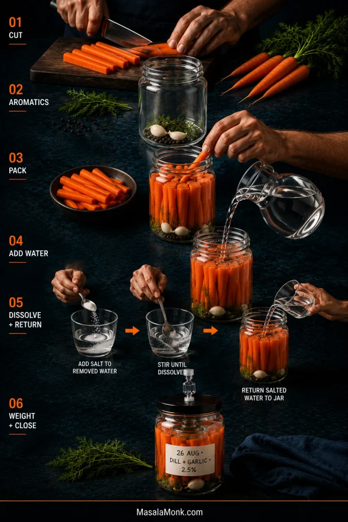 Six-step fermented carrots process: cut carrots, add aromatics, pack the jar, add water, dissolve and return the salt, then add the fermentation weight and airlock.