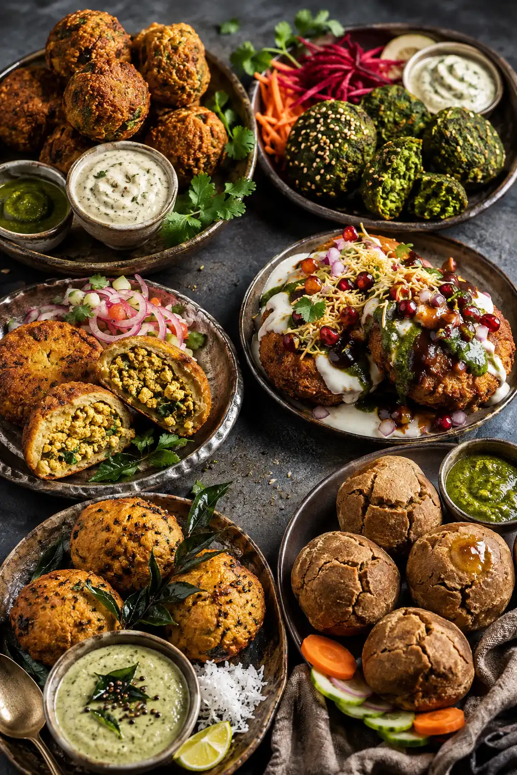 Six Indian falafel variations including Masala Chana, Methi-Palak, Aloo Tikki Chaat, Paneer Bhurji-Stuffed, Curry Leaf and Daal Bati Falafel.