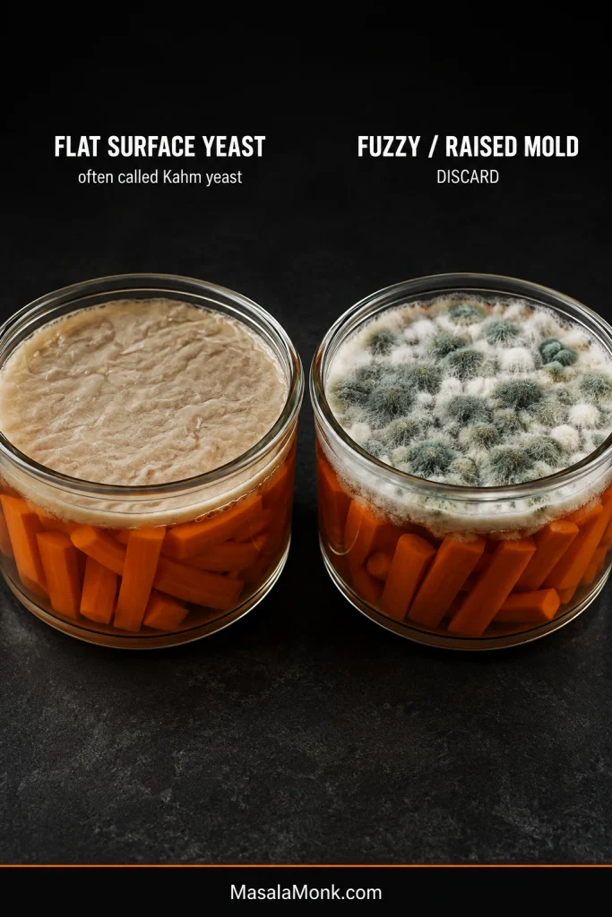 Side-by-side fermented carrot surfaces showing flat wrinkled surface yeast and raised fuzzy mold.