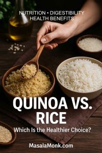 Hand scooping cooked quinoa beside a bowl of white rice; magazine-style cover comparing calories, carbs and glycemic index to choose the healthier base