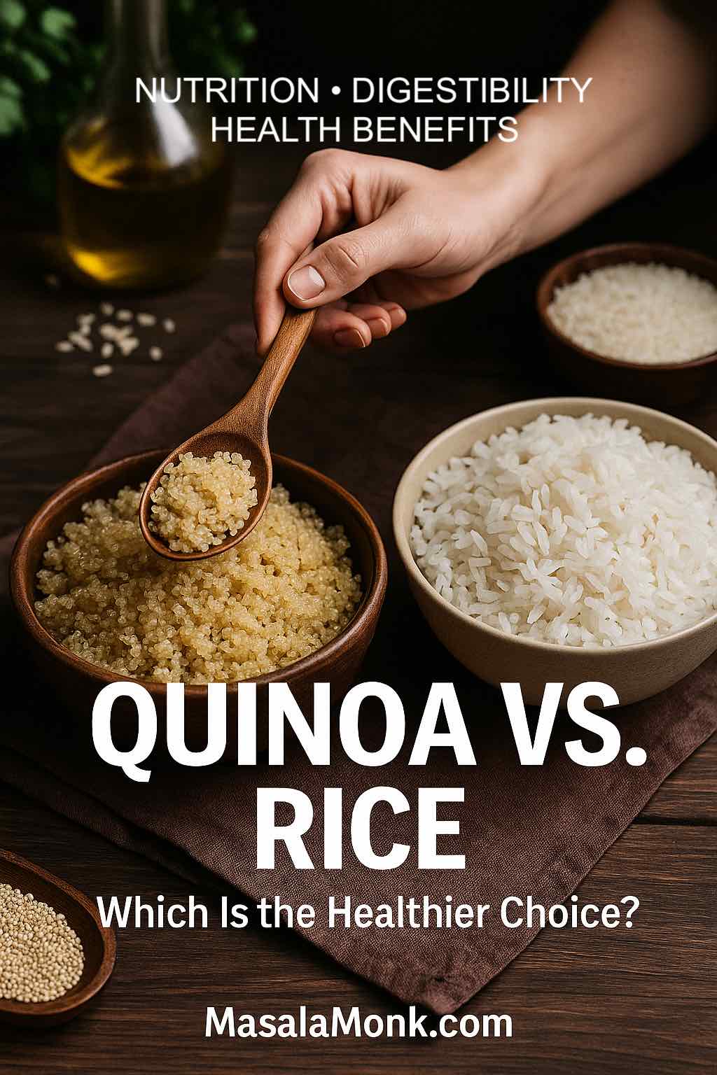 Hand scooping cooked quinoa beside a bowl of white rice; magazine-style cover comparing calories, carbs and glycemic index to choose the healthier base