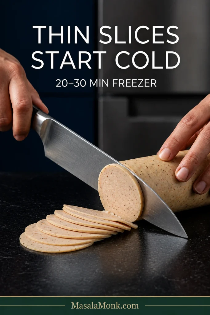 Chilled homemade chicken salami being cut with one chef’s knife into thin 2 to 3 millimetre slices on a dark cutting surface.