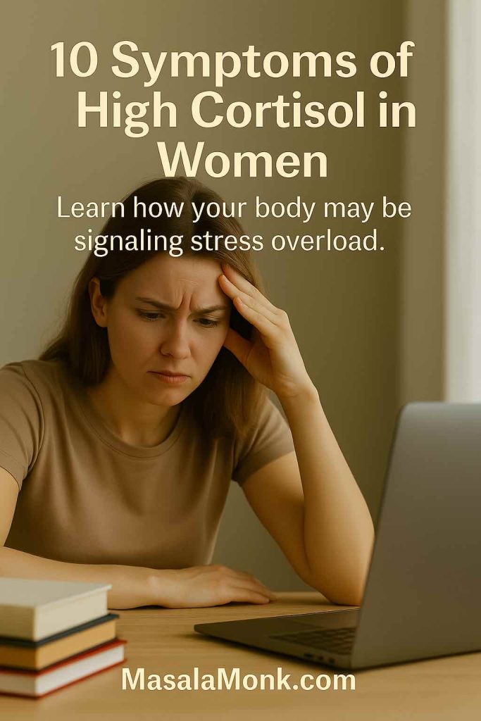 Woman looking stressed at laptop, representing introduction to 10 symptoms of high cortisol in women.