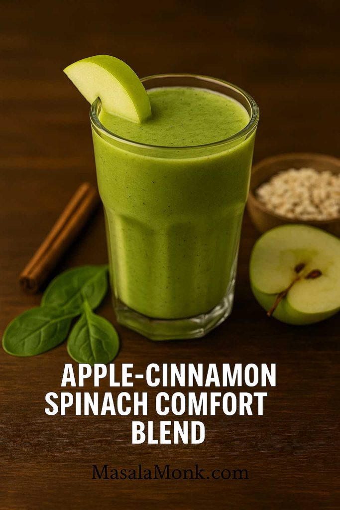 "Glass of green Apple-Cinnamon Spinach Comfort Blend smoothie garnished with an apple slice, surrounded by fresh apples, spinach, and cinnamon."