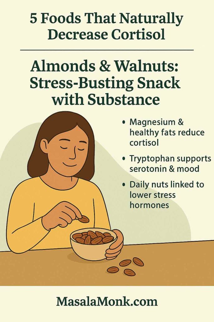 “Infographic of almonds and walnuts with tagline ‘Stress-Busting Snack with Substance’ highlighting their cortisol-lowering benefits.”