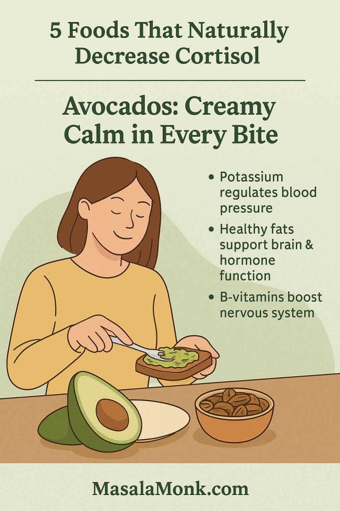 “Flat digital infographic of avocado with tagline ‘Creamy Calm in Every Bite’ highlighting its role in lowering cortisol and reducing stress.”