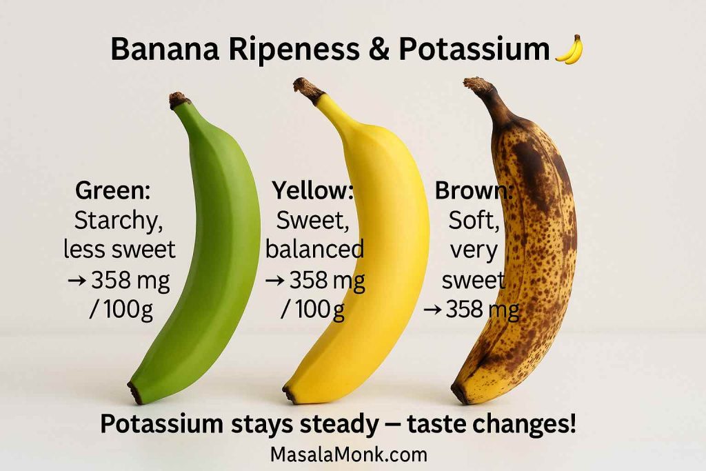 Three bananas at different ripeness stages showing potassium content stays the same: green, yellow, and brown.