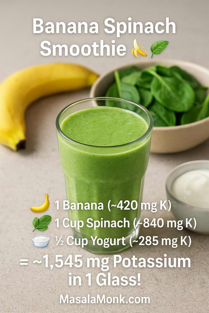 Photo of a banana spinach smoothie with ingredients shown and text overlay: banana, spinach, yogurt together provide ~1,545 mg potassium.