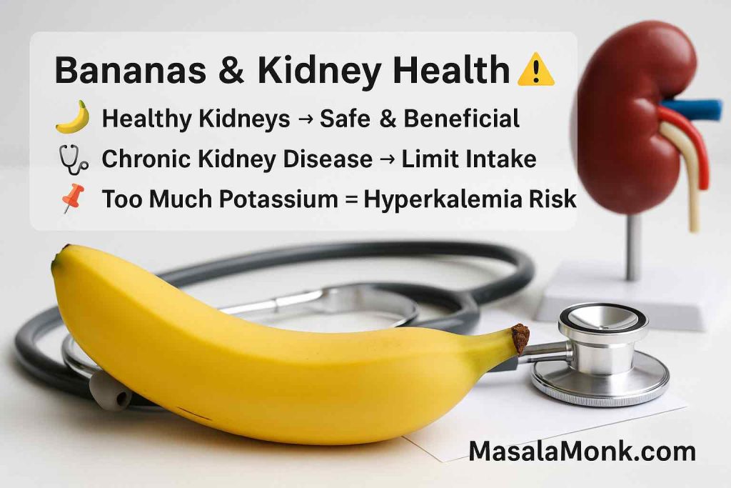 Photo of a banana beside a stethoscope and kidney model with caution text about potassium intake and kidney disease.