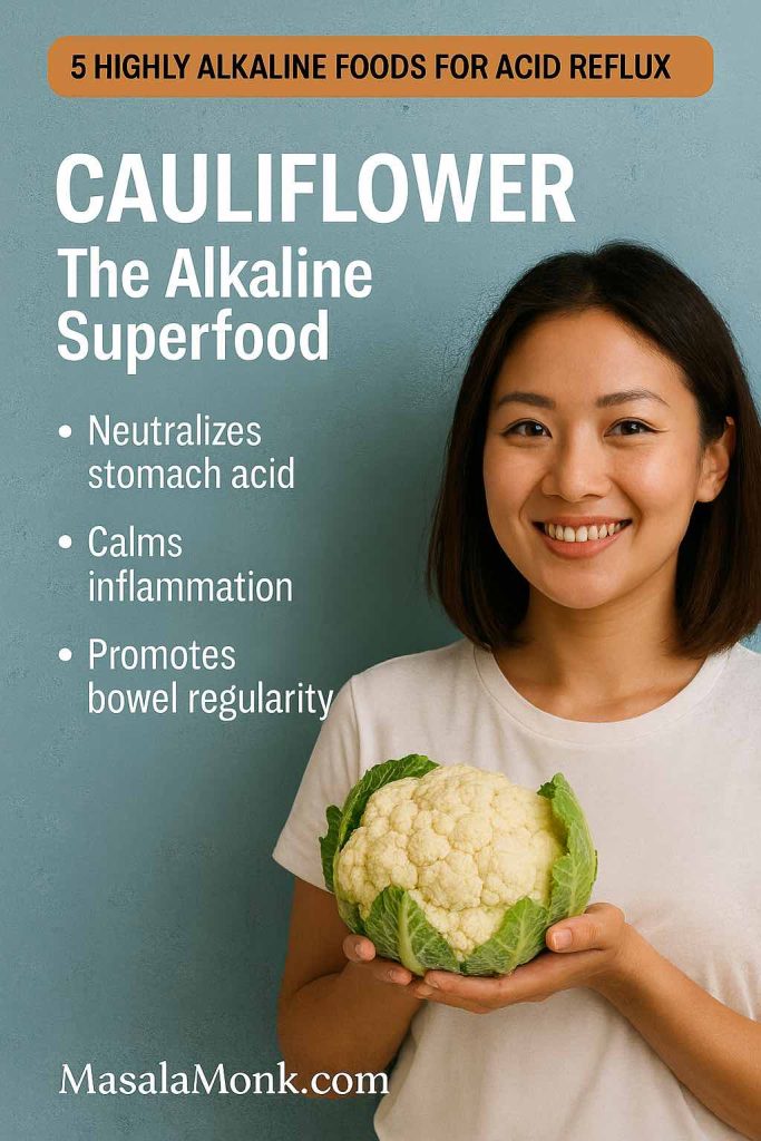 Smiling woman holding cauliflower with text highlighting benefits: neutralizes acid, calms inflammation, promotes bowel regularity.