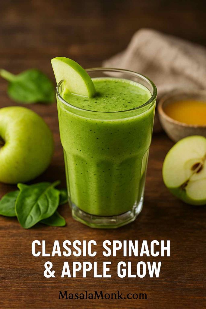 "Glass of Classic Spinach & Apple Glow smoothie topped with a green apple slice, with whole green apples, spinach leaves, and a bowl of juice in the background."