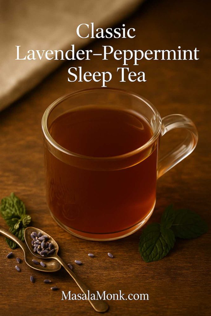 Glass cup of Classic Lavender–Peppermint Sleep Tea on a wooden table with dried lavender buds and fresh peppermint leaves.