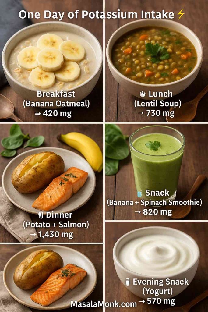 Collage of daily meals with potassium values: oatmeal with banana, lentil soup, banana smoothie, potato with salmon, yogurt — totaling nearly 4,000 mg potassium.