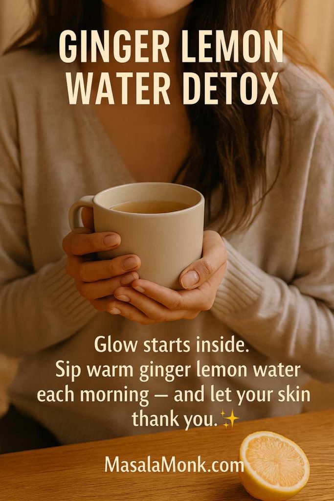 "A woman holding a cup of ginger lemon water detox drink, promoting hydration and glowing skin – MasalaMonk.com"