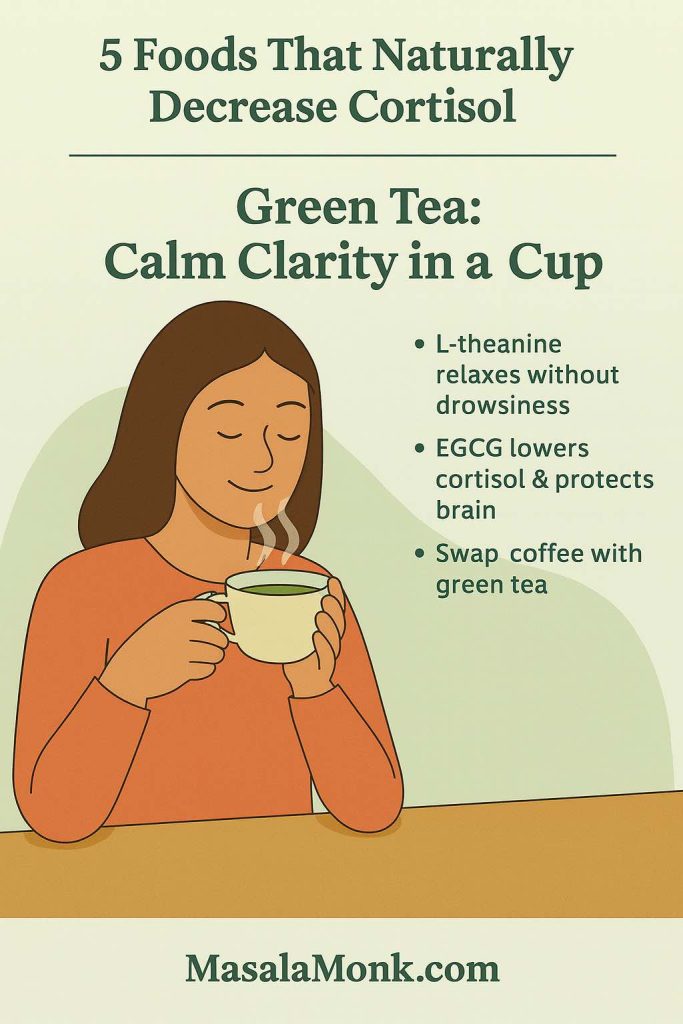 “Illustrated infographic of green tea cup with tagline ‘Calm Clarity in a Cup’ emphasizing its role in reducing cortisol and boosting relaxation.”