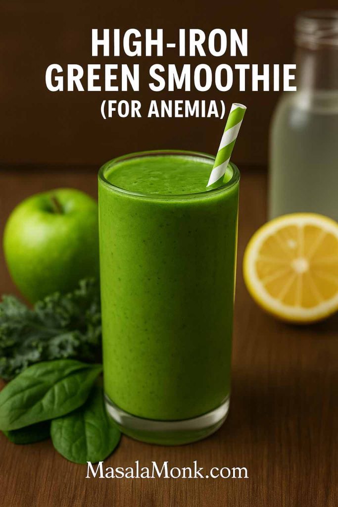 Green iron smoothie with spinach, kale, and apple to support anemia recovery and hemoglobin boost - MasalaMonk High Iron Smoothies & Shakes Recipe Ideas