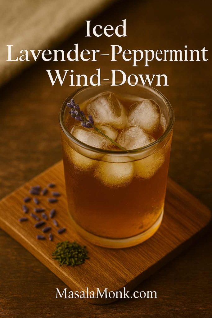 Glass of iced Lavender–Peppermint tea with ice cubes, lavender garnish, and herbal sprigs on a wooden coaster.