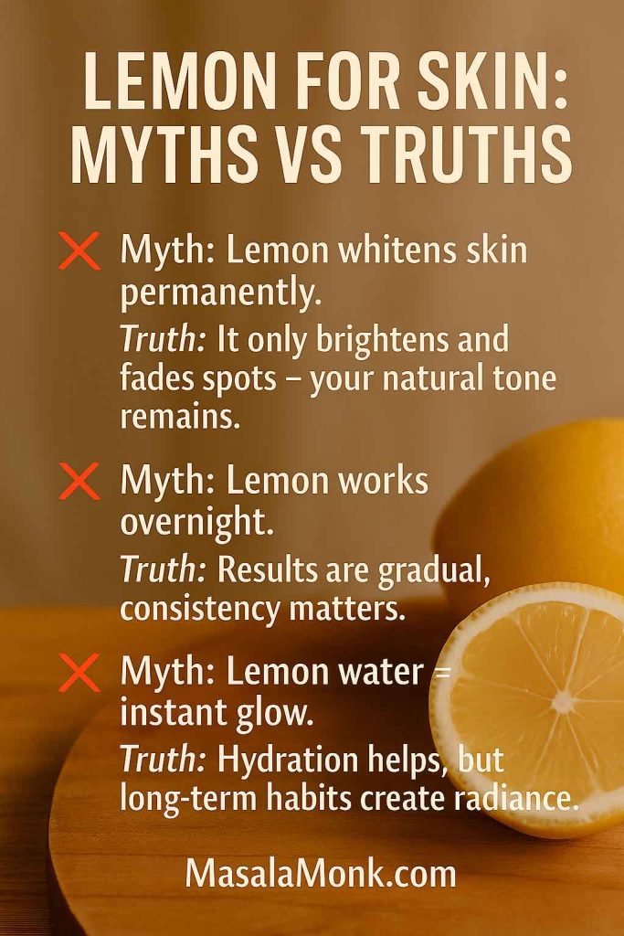 "Educational graphic debunking myths about lemon for skin and highlighting skincare truths – MasalaMonk.com"
