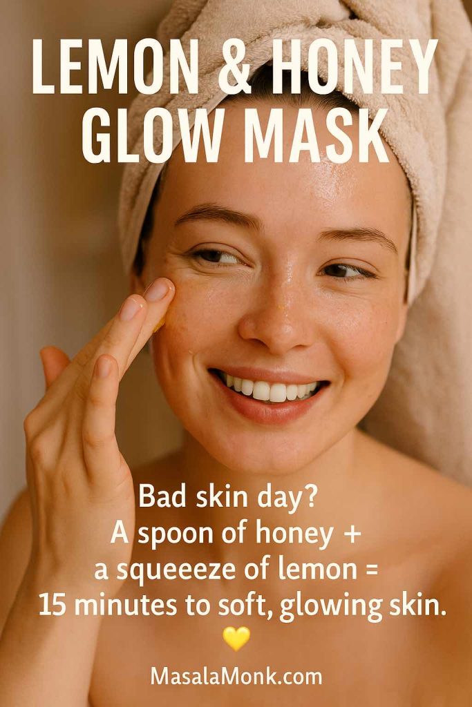 "A smiling woman applying lemon and honey glow mask on her face, a natural remedy for glowing skin – MasalaMonk.com"