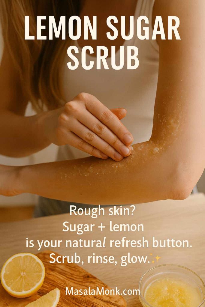 "A woman exfoliating her arm with a lemon sugar scrub for smooth and glowing skin – MasalaMonk.com"